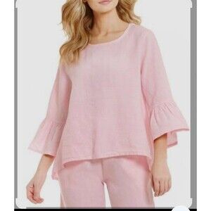 Bryn Walker 100% Linen Fran Top Size Medium Bell Sleeve Hi-Lo Hem Lagenlook Pink